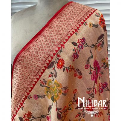 Beige And Red Jamdani Silk Dupatta