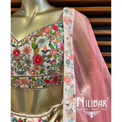 White Silk Casual Lehenga With Contrast Pink Dupatta
