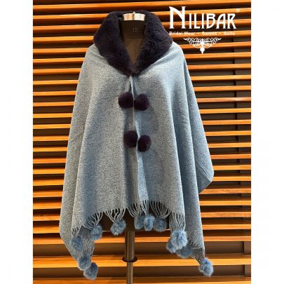 Sky Blue With Contrast Pigeon Blue Woolen Cape