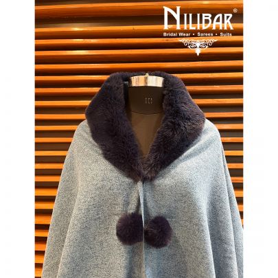 Sky Blue With Contrast Pigeon Blue Woolen Cape
