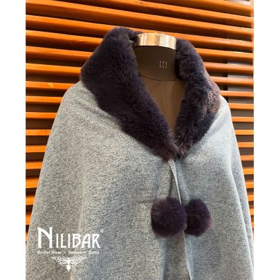 Sky Blue With Contrast Pigeon Blue Woolen Cape
