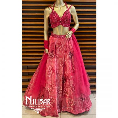 Hot Pink Net Tissue Organza Printed Lehenga