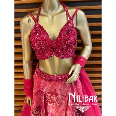 Hot Pink Net Tissue Organza Printed Lehenga