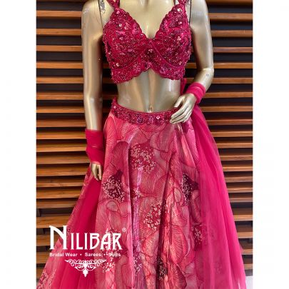 Hot Pink Net Tissue Organza Printed Lehenga