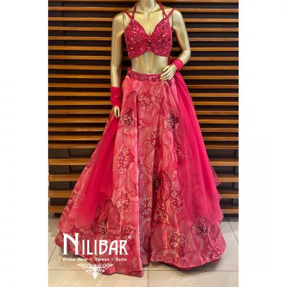 Hot Pink Net Tissue Organza Printed Lehenga