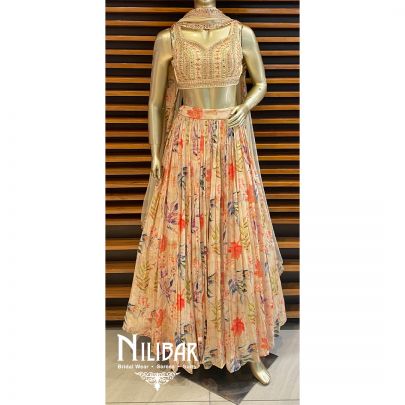 Creme Silk Crepe Printed Lehenga
