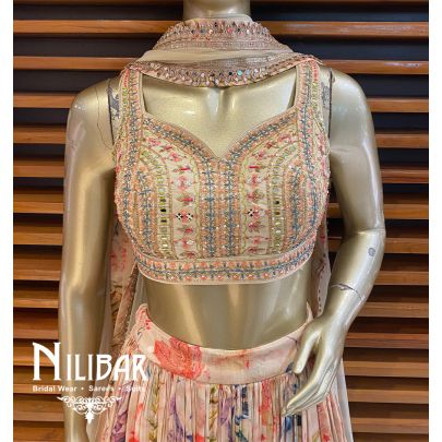 Creme Silk Crepe Printed Lehenga