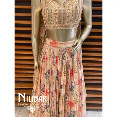 Creme Silk Crepe Printed Lehenga