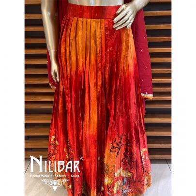Red Orange Satin Printed Lehenga