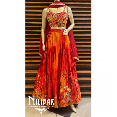 Red Orange Satin Printed Lehenga