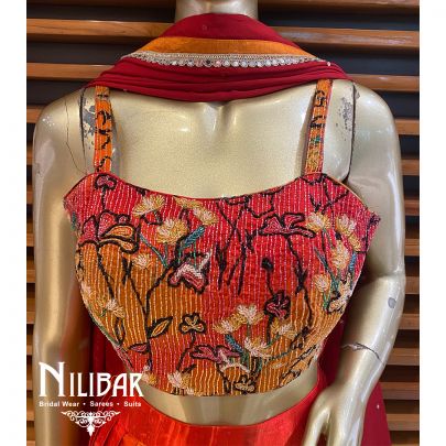 Red Orange Satin Printed Lehenga