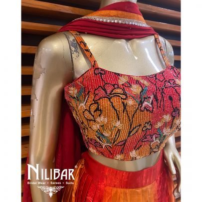 Red Orange Satin Printed Lehenga