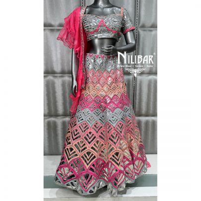 Grey Pink Organza Embroidered lehenga