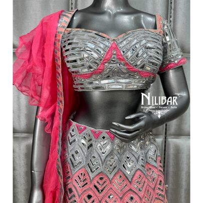 Grey Pink Organza Embroidered lehenga