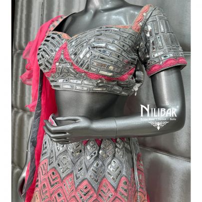 Grey Pink Organza Embroidered lehenga