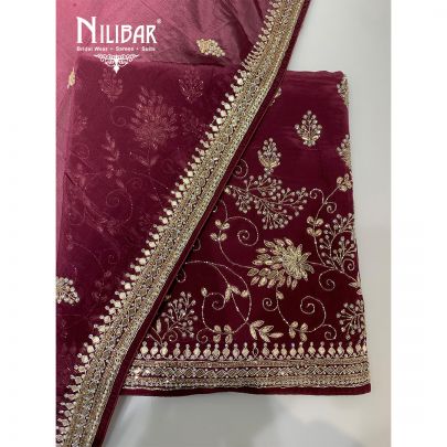 Wine Crepe Embroidered Unstitched Suit