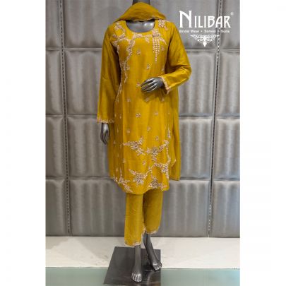Yellow Silk & Organza Short Shirt Paired With Pants