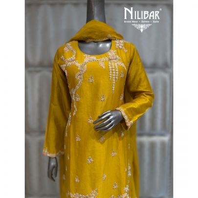Yellow Silk & Organza Short Shirt Paired With Pants