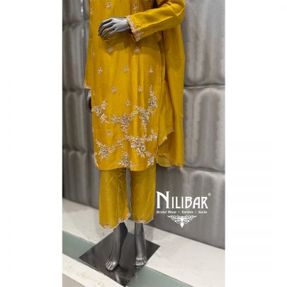Yellow Silk & Organza Short Shirt Paired With Pants