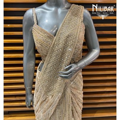 Beige Gold Net Drape Saree