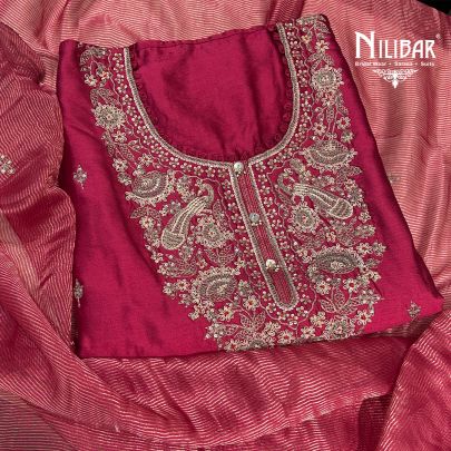 Dark Rose Pink Silk Unstitched Suit Paired With Organza Dupatta