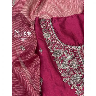 Dark Rose Pink Silk Unstitched Suit Paired With Organza Dupatta
