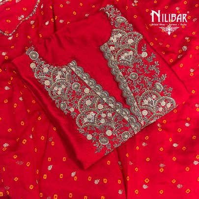 Red Silk Unstitched Suit Paired With Organza Dupatta