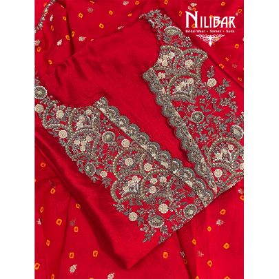Red Silk Unstitched Suit Paired With Organza Dupatta