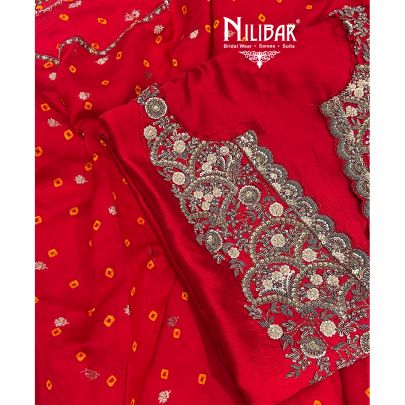 Red Silk Unstitched Suit Paired With Organza Dupatta