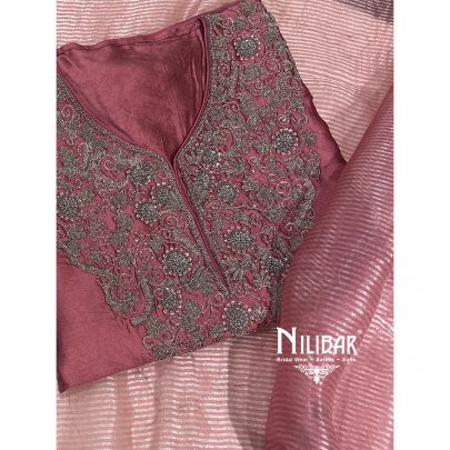Onion Pink Silk Unstitched Suit Paired With Organza Dupatta