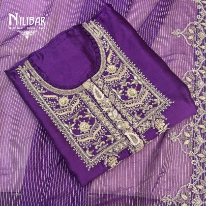 Purple Silk Unstitched Suit Paired With Organza Dupatta