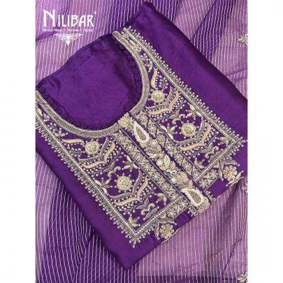 Purple Silk Unstitched Suit Paired With Organza Dupatta