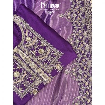 Purple Silk Unstitched Suit Paired With Organza Dupatta