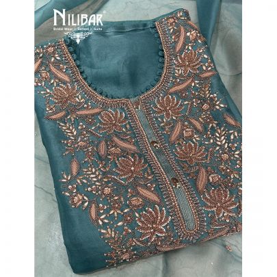 Peacock Blue Silk Unstitched Suit Paired With Organza Dupatta