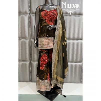 Mehndi Green Lame Silk Banarasi Short Top Sharara Suit