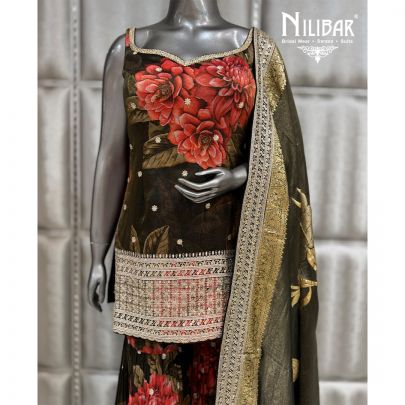 Mehndi Green Lame Silk Banarasi Short Top Sharara Suit
