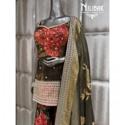 Mehndi Green Lame Silk Banarasi Short Top Sharara Suit