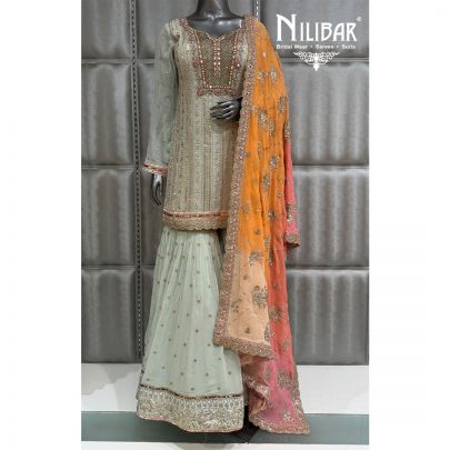Pastel Blue Georgette Chinnon Short Top Paired Sharara Suit