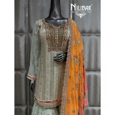Pastel Blue Georgette Chinnon Short Top Paired Sharara Suit