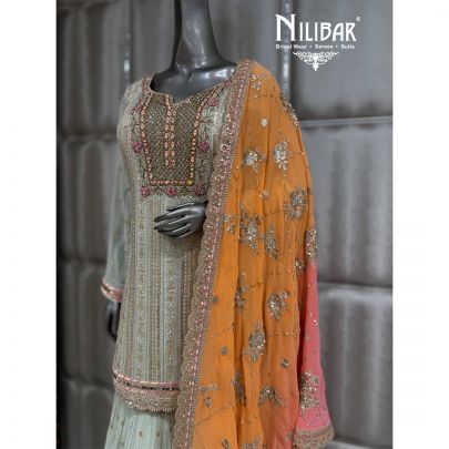 Pastel Blue Georgette Chinnon Short Top Paired Sharara Suit