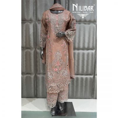 Peach Organza Straight Shirt Paired With Loose Pant Suit