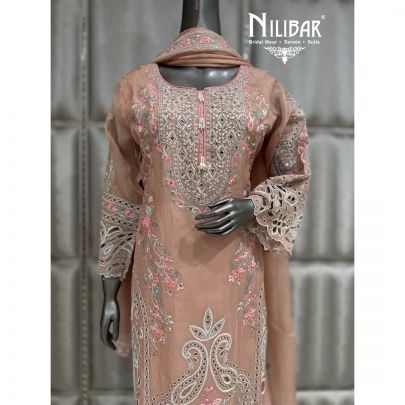 Peach Organza Straight Shirt Paired With Loose Pant Suit
