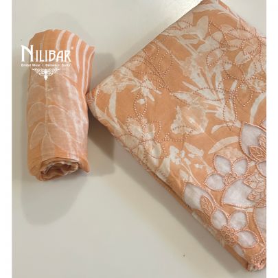 Peach Orange Cotton Printed Unstitched Suit