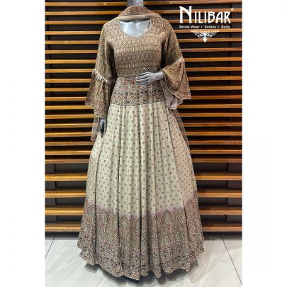 Beige Crepe Printed Anarkali Suit