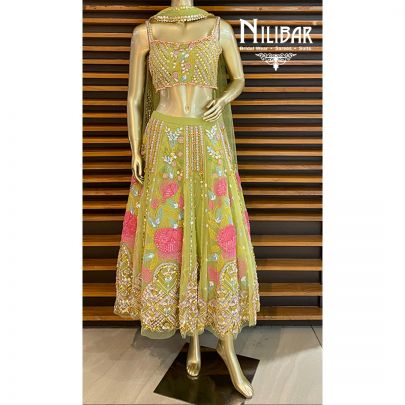 Green Net Short Length Lehenga Set