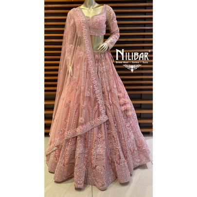 Salmon Pink Net Reception Lehenga