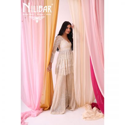 Beige Net and Organza Palazzos Suit