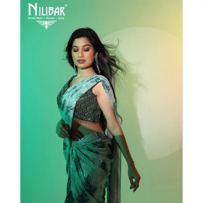 Green Net Draped Saree
