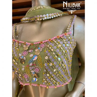 Green Net Short Length Lehenga Set