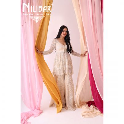 Beige Net and Organza Palazzos Suit